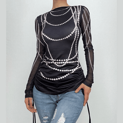 Drawstring long sleeve beaded print contrast backless top