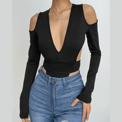 Hollow out long sleeve v neck backless solid bodysuit