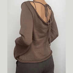 Knitted flared sleeve solid self tie backless top