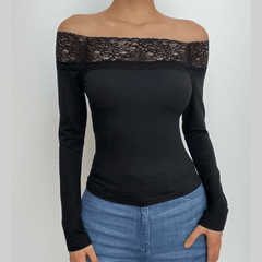 Lace hem solid off shoulder long sleeve top