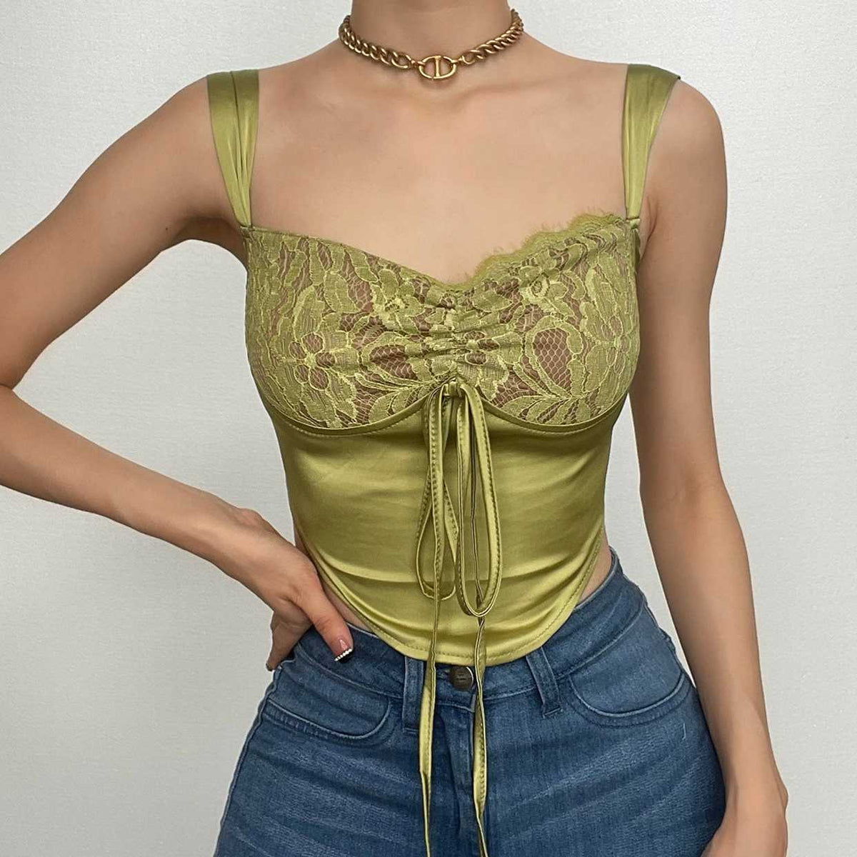 Lace patchwork smocked sleeveless self tie crop top