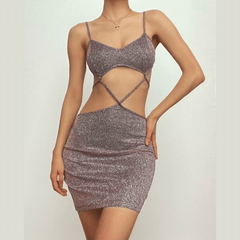 Low cut v neck textured hollow out self tie cami mini dress