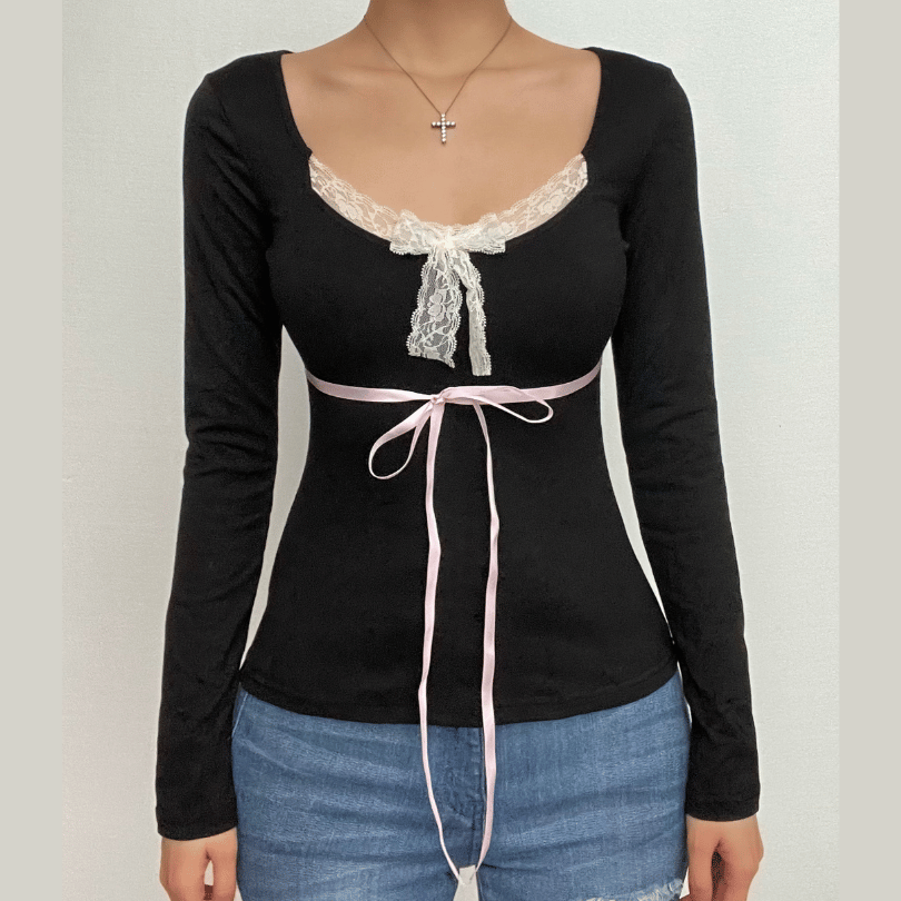 Lace hem contrast bowknot long sleeve top