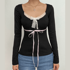 Lace hem contrast bowknot long sleeve top