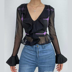 Mesh contrast ruffle patchwork v neck long sleeve crop top - Final Sale