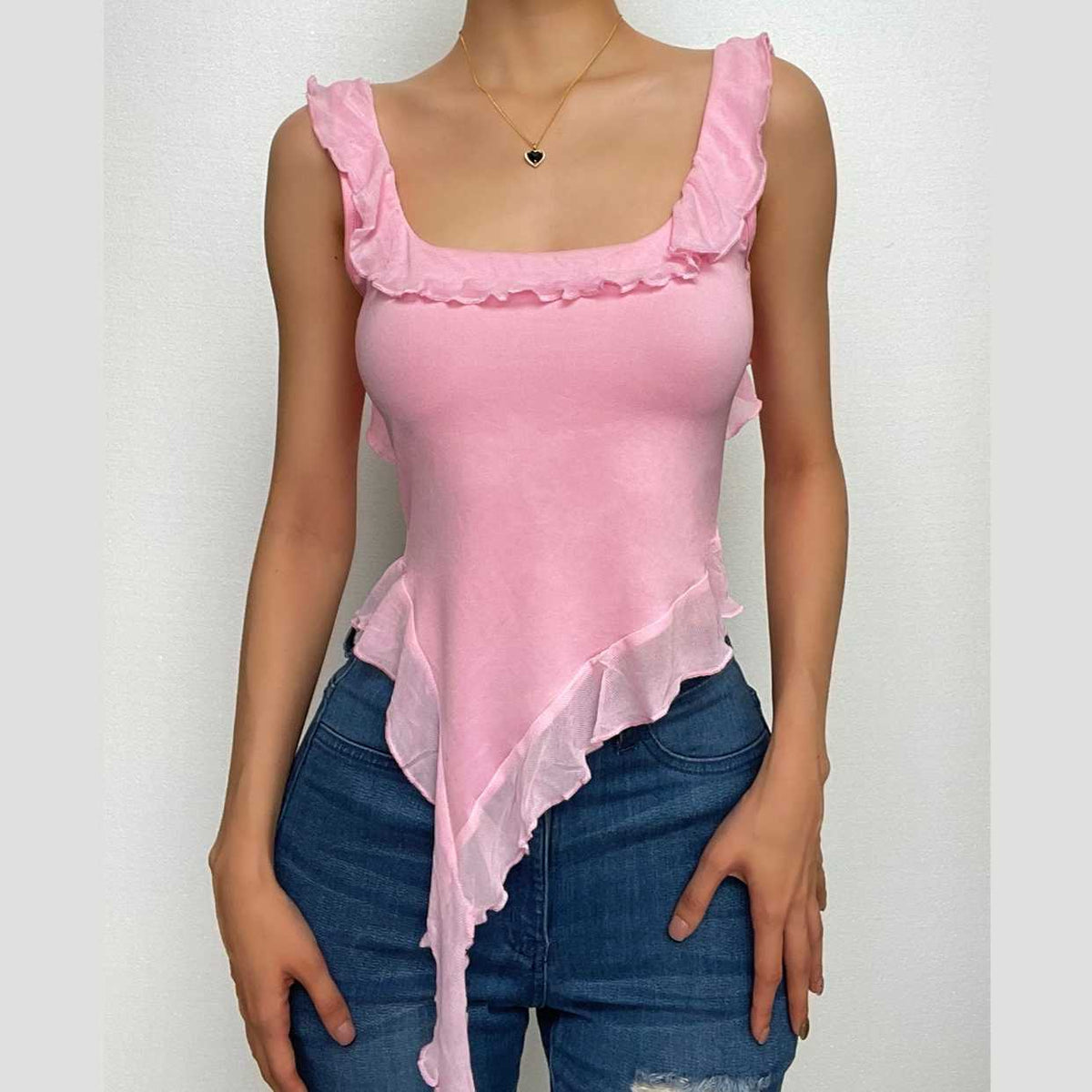 Square Ruffles Mesh solid square neck ruffle irregular backless top – OBEEY