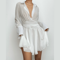 Turnover collar button long sleeve ruched zip-up chiffon mini dress