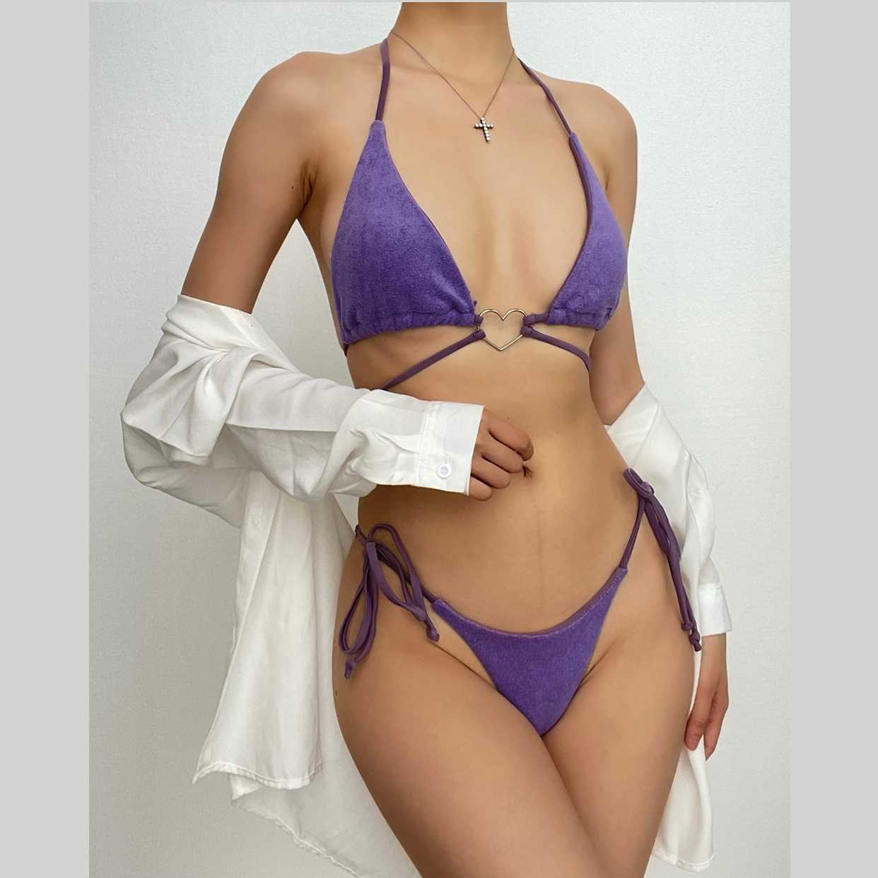 Traje de baño bikini sin espalda con aro o lazo sólido estilo halter