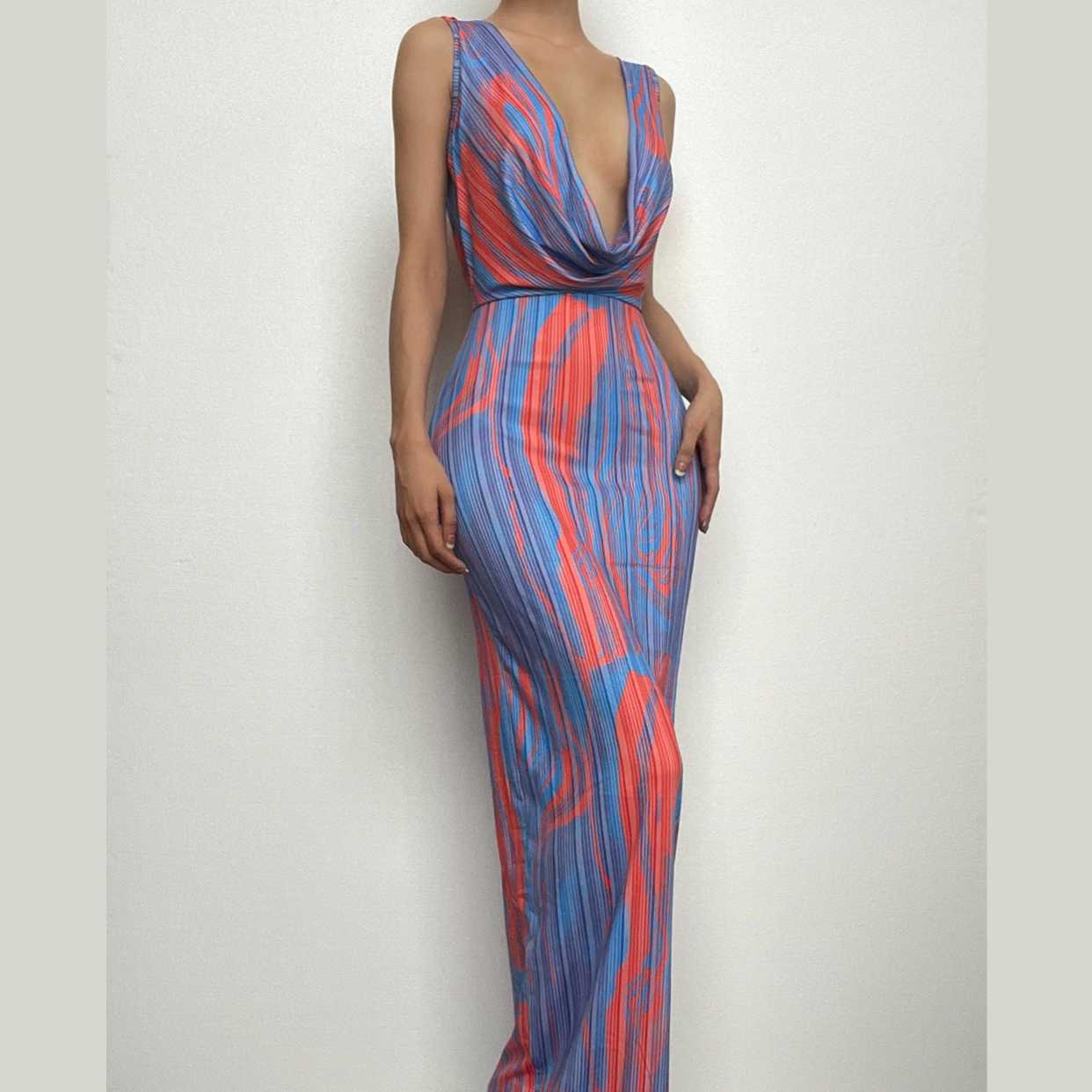 Contrast print cowl neck sleeveless backless maxi dress