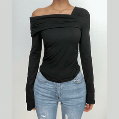 Ruched long sleeve off shoulder solid irregular top