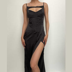 Solid satin hollow out slit backless corset midi dress