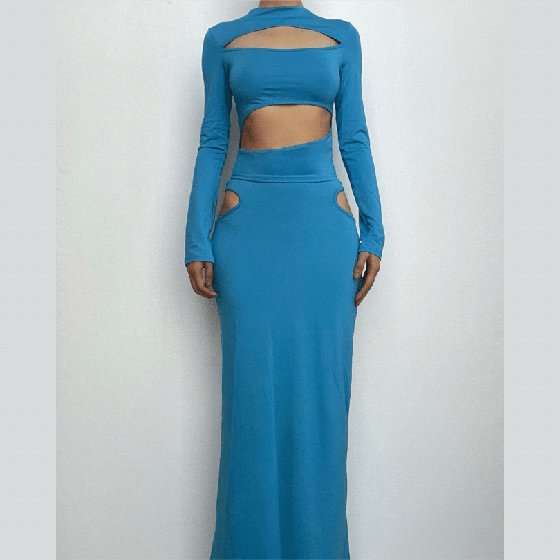 Hollow out long sleeve crewneck solid maxi skirt set