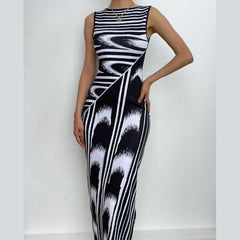 Striped contrast sleeveless round neck maxi dress