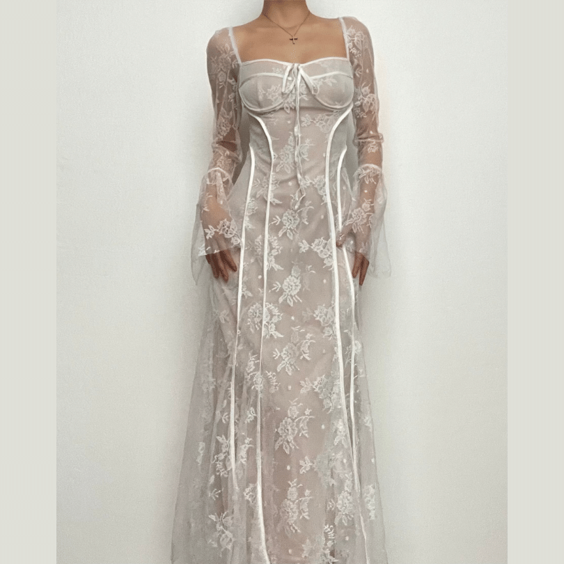 Long flared sleeve contrast zip-up lace self tie maxi dress