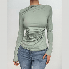 Ruched crewneck solid long sleeve top