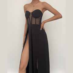 Mesh heart neck high slit pleated tube maxi dress