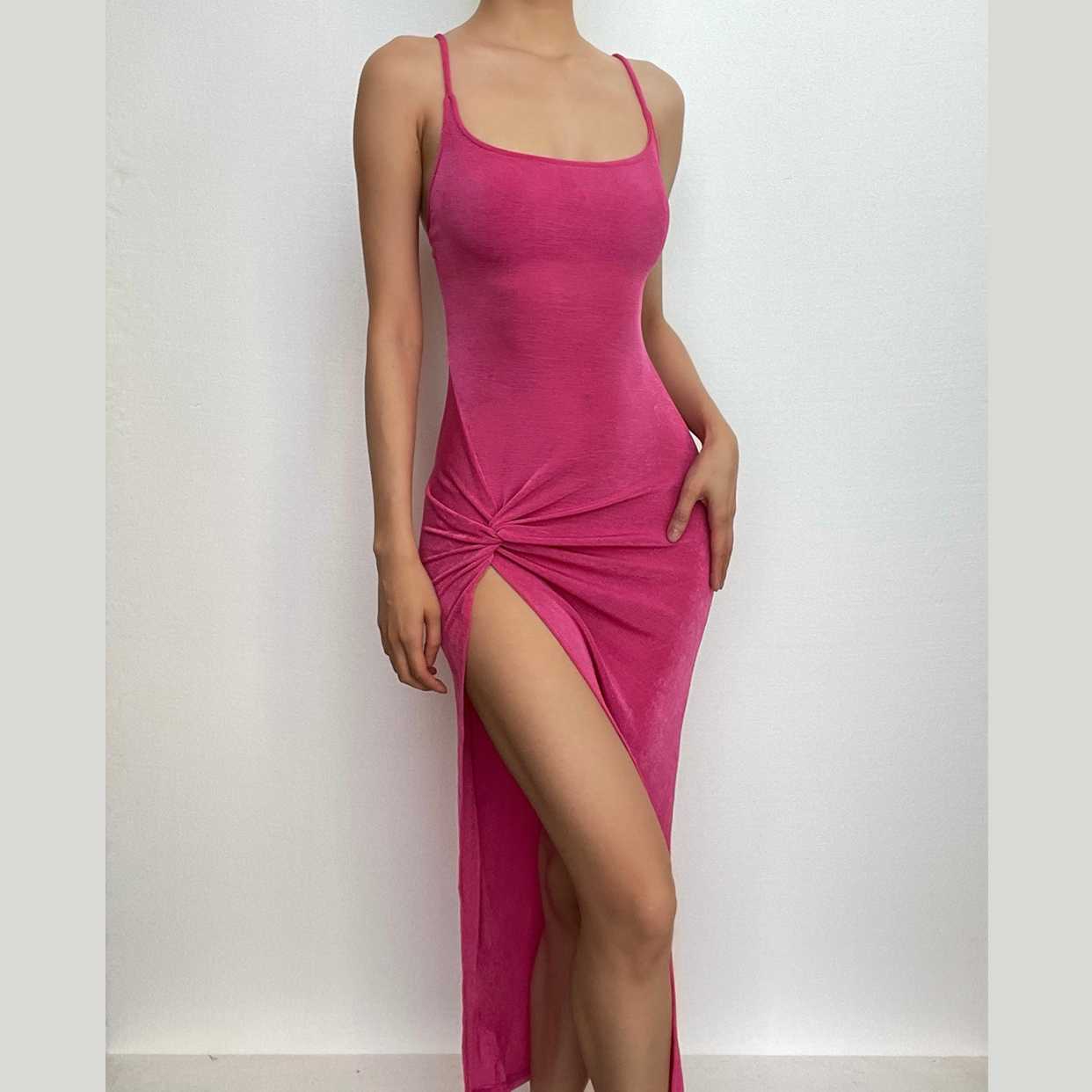 Vestido midi camisola con espalda descubierta, irregular, liso, con escote en U y nudo 