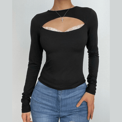 Blusa de manga larga con cuello redondo en contraste, calada y dobladillo de encaje 