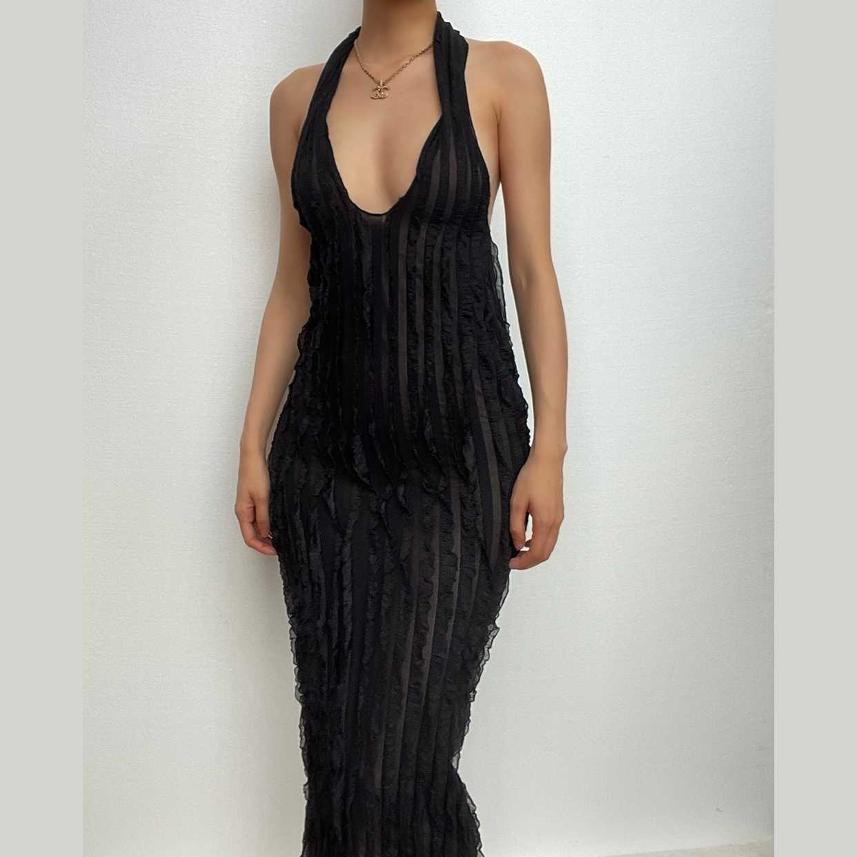 Textured ruffle solid halter self tie v neck backless maxi dress