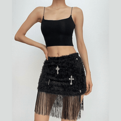 Tassels cross applique fluffy mini skirt