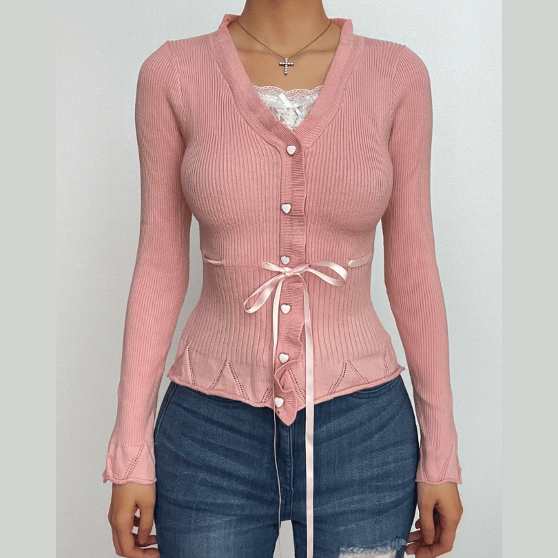 Knitted ruffle long sleeve button lace hem contrast top