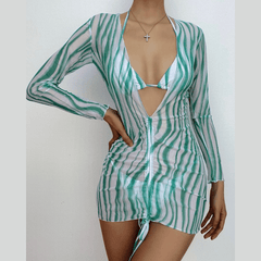 Zebra contrast long sleeve padded self tie 3 piece swimwear