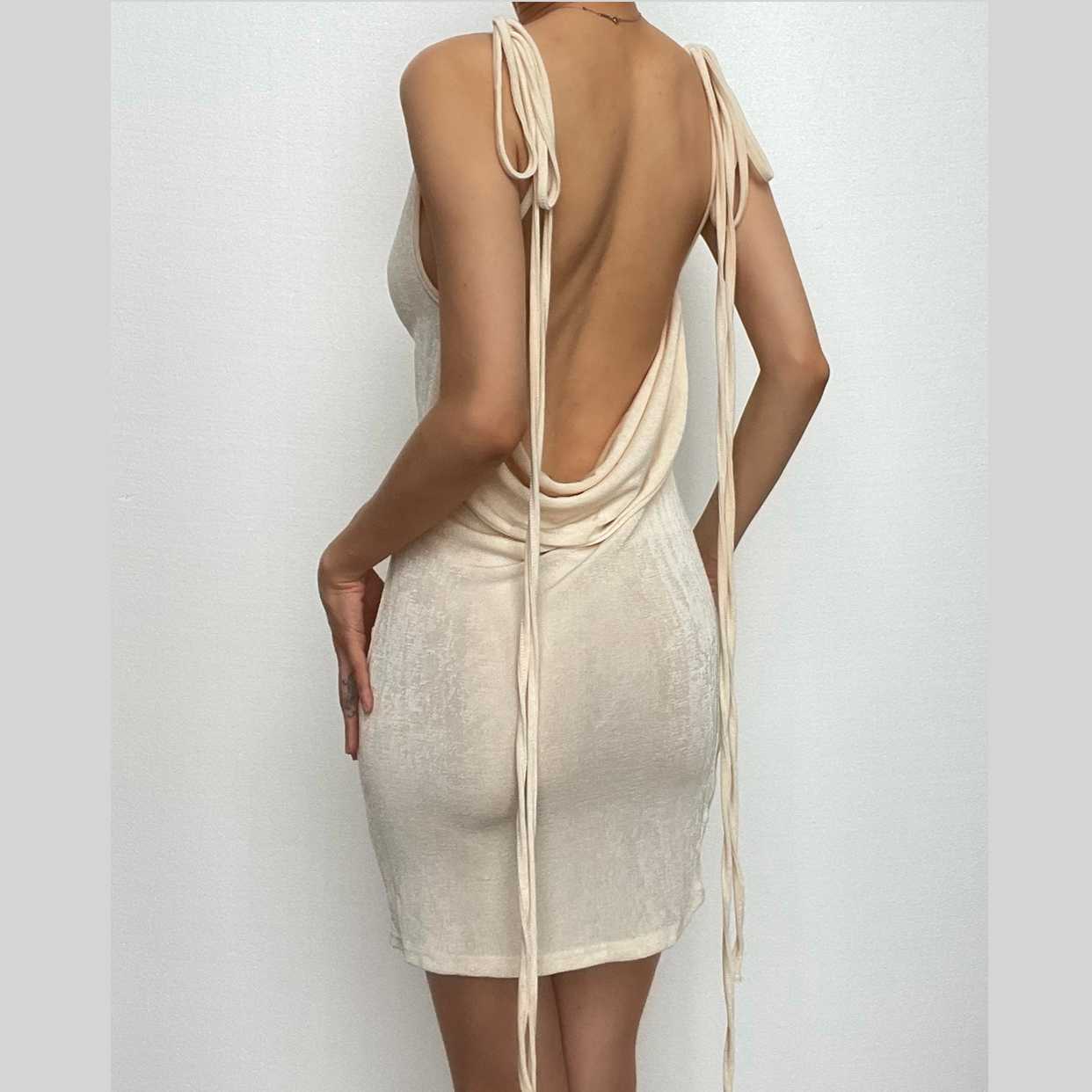 Cowl neck self tie backless ribbon solid mini dress