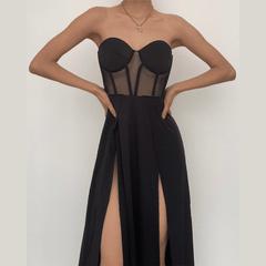 Mesh heart neck high slit pleated tube maxi dress