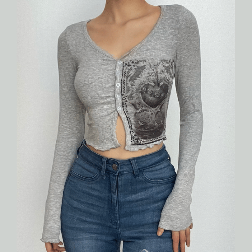 Ribbed long sleeve button abstract slit contrast top