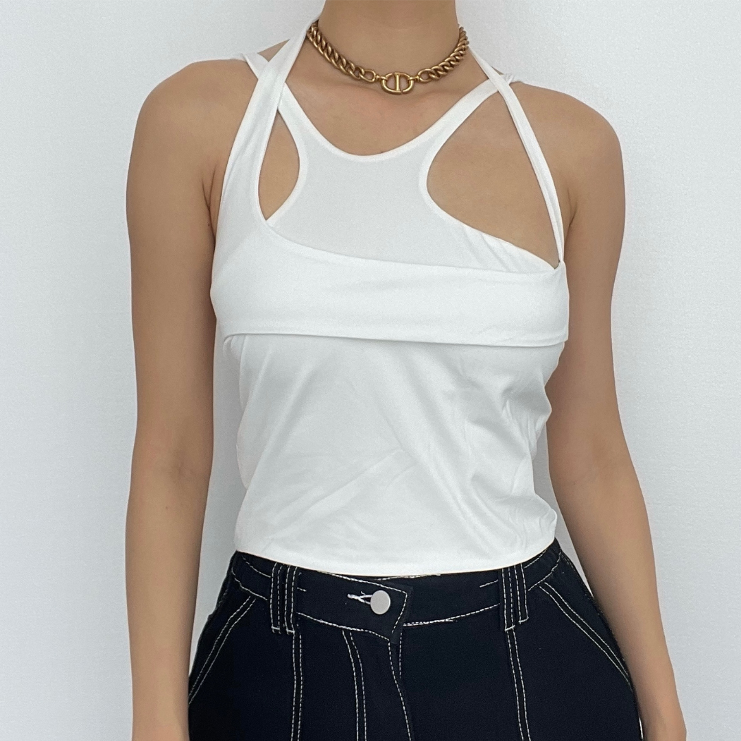 Sleeveless solid irregular backless crop top 2 piece top