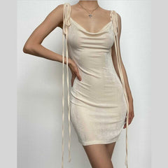 Cowl neck self tie backless ribbon solid mini dress