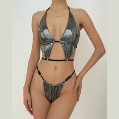 Kontrastierender Neckholder-Bikini mit Metallic-Print zum Selbstbinden