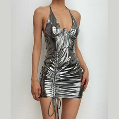 Cross front drawstring low cut metallic halter solid mini dress