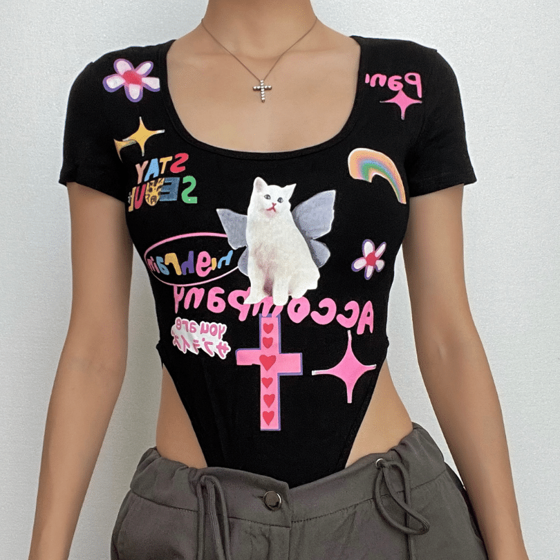 Body de manga corta con cuello en U y estampado de gato en contraste, calado 