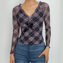 Plaid ruffle v neck mesh contrast top