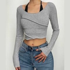 Patchwork stitch long sleeve halter contrast crop top