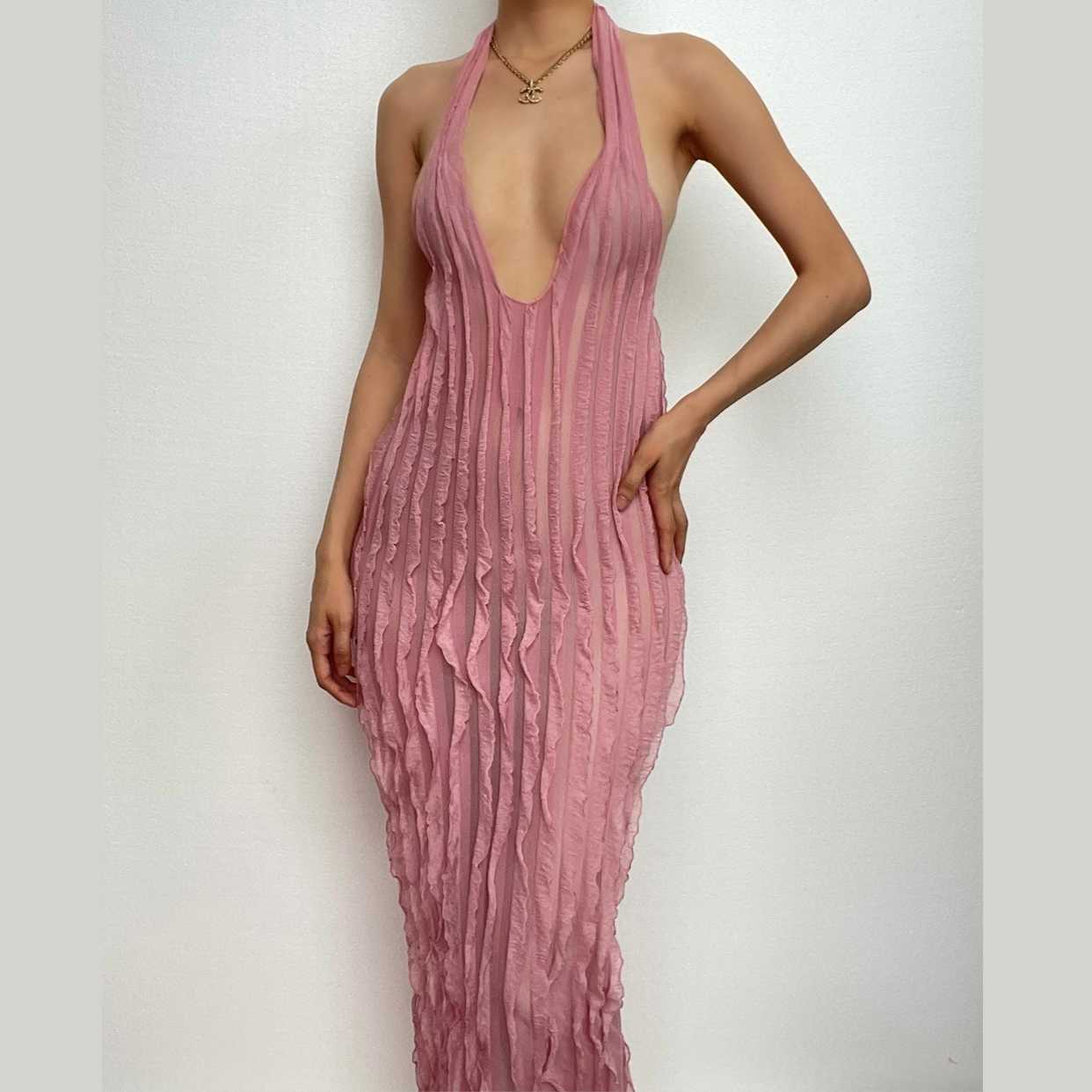 Textured ruffle solid halter self tie v neck backless maxi dress