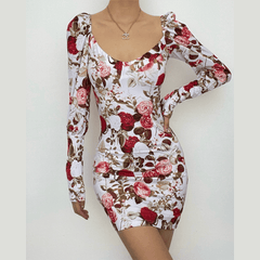 Vestido mini con estampado de flores en contraste, manga larga y cuello cuadrado 