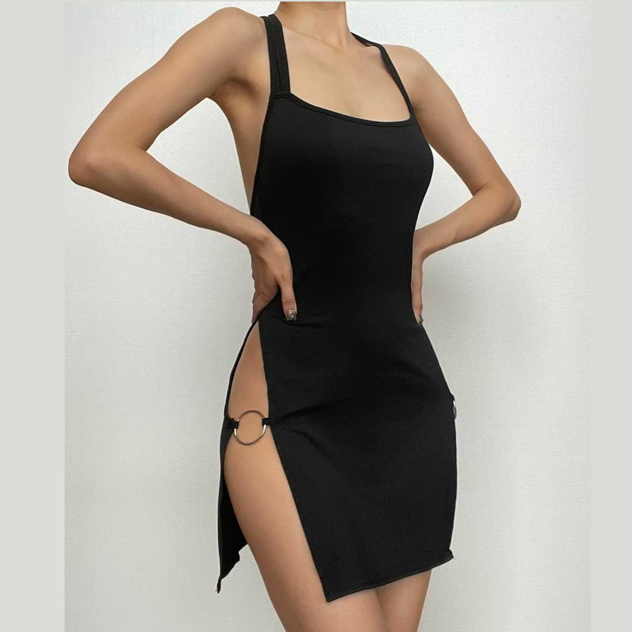 Halter slit o ring solid backless mini dress