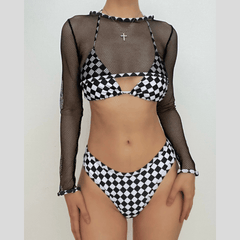 Mesh halter contrast self tie 3 piece swimwear