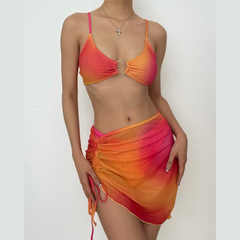 Tie dye o ring drawstring ruched mini skirt 3 piece swimwear