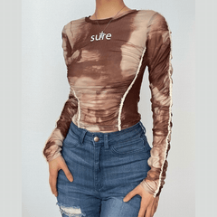 Furry tie dye sheer mesh see through long sleeve crop top