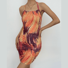 Cross front contrast print halter ruched backless mini dress