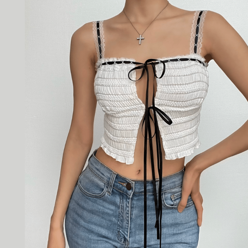 Ärmelloses Crop-Top zum Binden mit Struktur und Kontrast-Rüsche – Schlussverkauf 