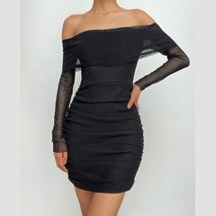 Mesh off shoulder solid long sleeve ruched mini dress