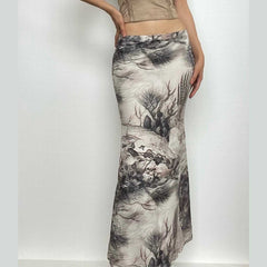 Tree print contrast low rise maxi skirt