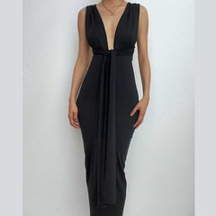 Ruched backless slit ribbon v neck knotted solid maxi dress