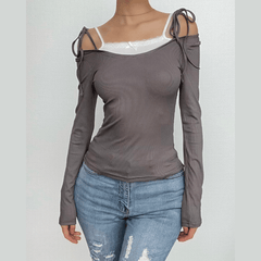 Blusa de manga larga con dobladillo de encaje y lazo en contraste con patchwork 