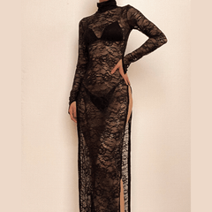 Lace long sleeve turtle neck see through slit gloves maxi dress