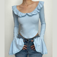 Ruffle flared sleeve self tie solid u neck top